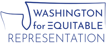 Logo Washington State outline, with Washington For Equitable Representation inside it.